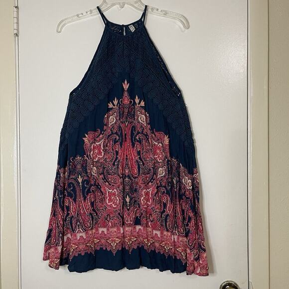 FREE PEOPLE intimately Navy Blue Shea Crochet Printed Slip Mini Dress US small - Picture 2 of 7
